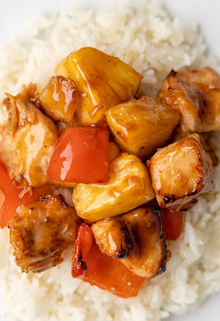 Top shot of the pineapple chicken on top of white rice