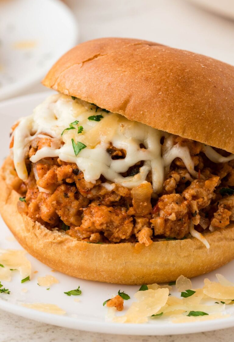 A sloppy Joe sandwich filled with meat filling on a white plate.