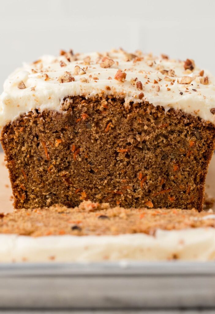 Front view of the sliced carrot cake loaf