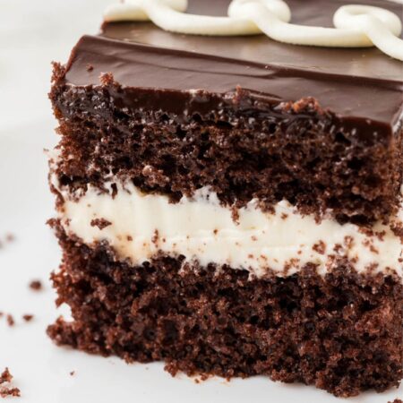 A slice of hostess cake on a white plate