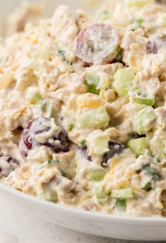 Side view of the bowl of pineapple chicken salad.