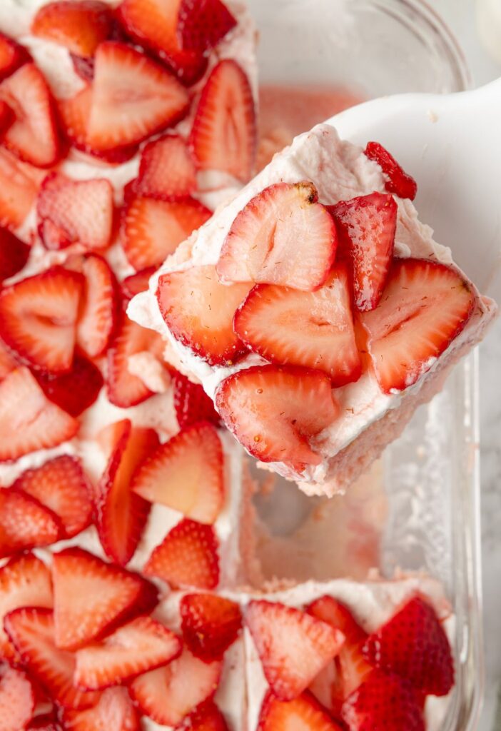 A pan of the tres leches cake with a serving spatula above it with a slice on it. 