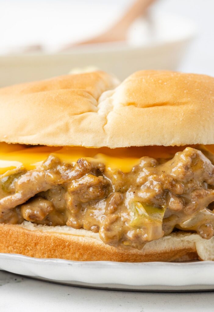 Close up view of a sloppy Joe ready to eat. 