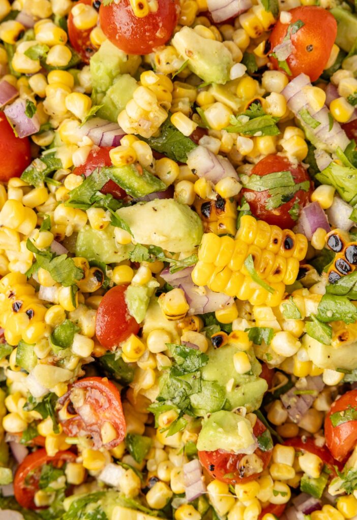 Close up of the ingredients of the avocado corn salad 