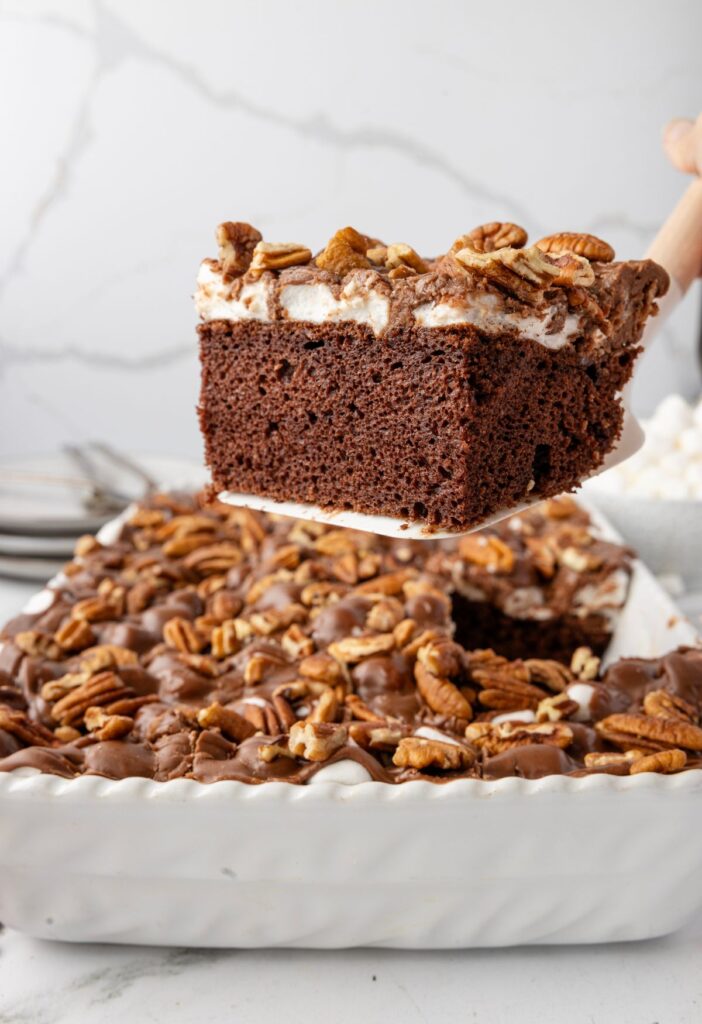 A serving spatula with a piece of cake on it above the cake pan of cake. 