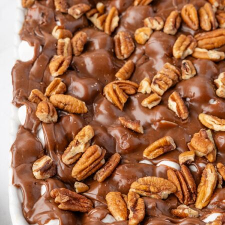 Mississippi Mud Cake inside the white baking pan with pecans and chocolate on top.