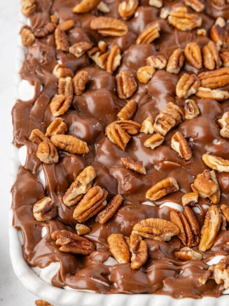 Mississippi Mud Cake inside the white baking pan with pecans and chocolate on top.