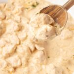 A skillet pan with creamy chicken in it and a wooden serving spoon