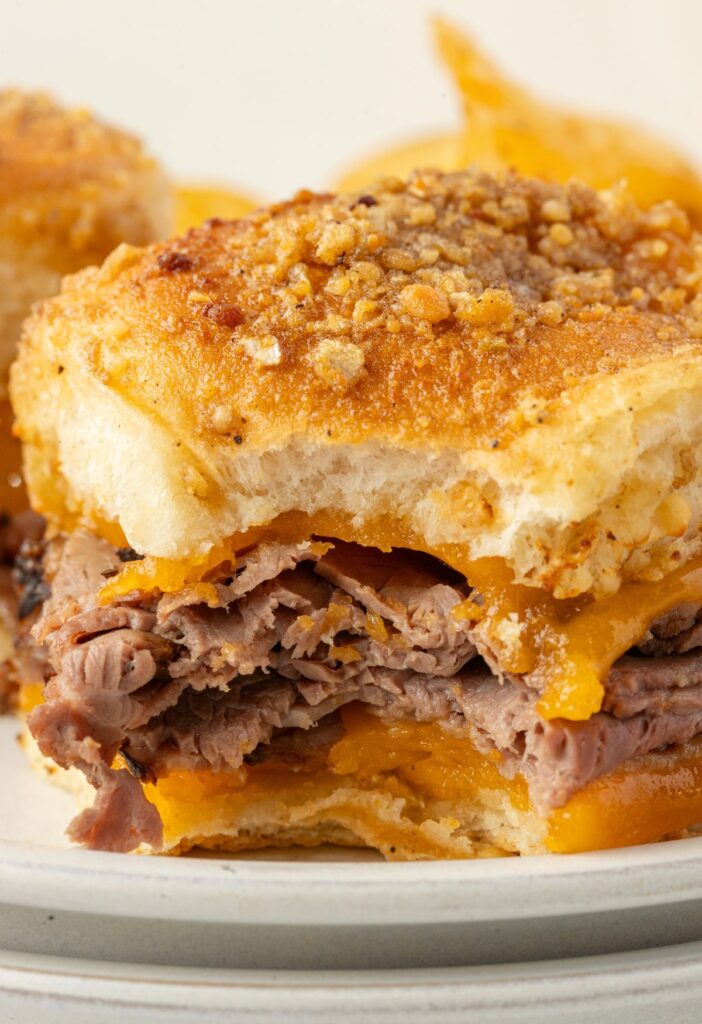 A bite taken out of the roast beef sider