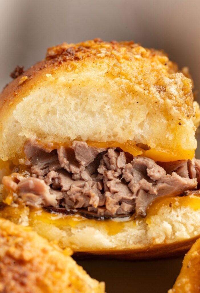 Close up of the roast beef slider turned on its side. 