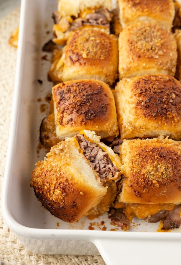 Pan of roast beef sliders