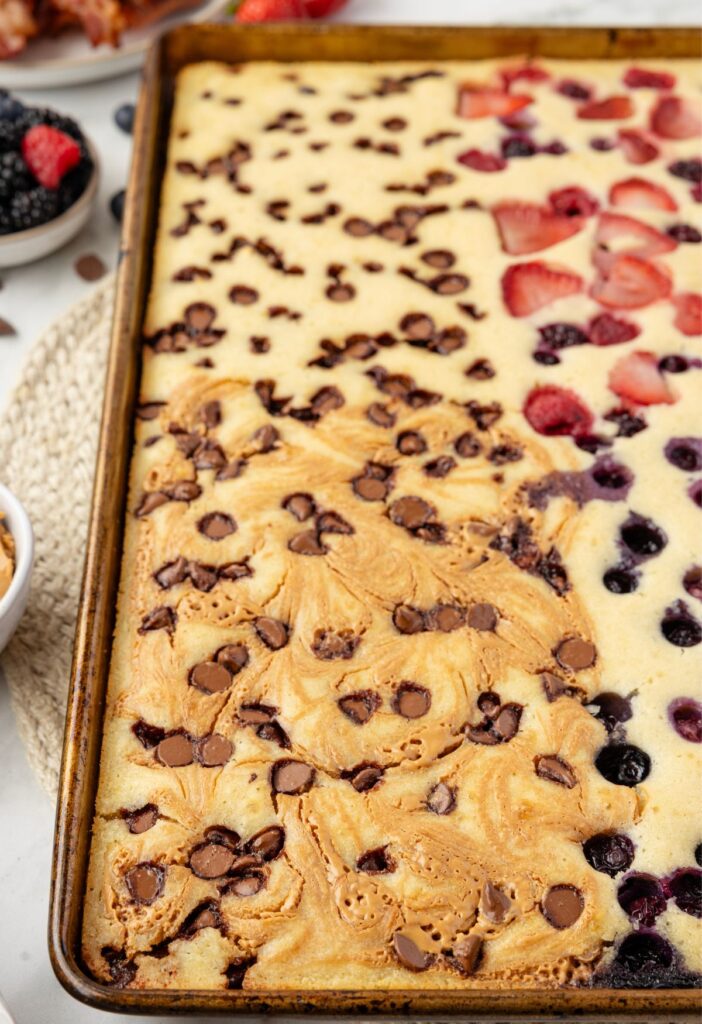 Side view of the baked pancakes inside the sheet pan. 