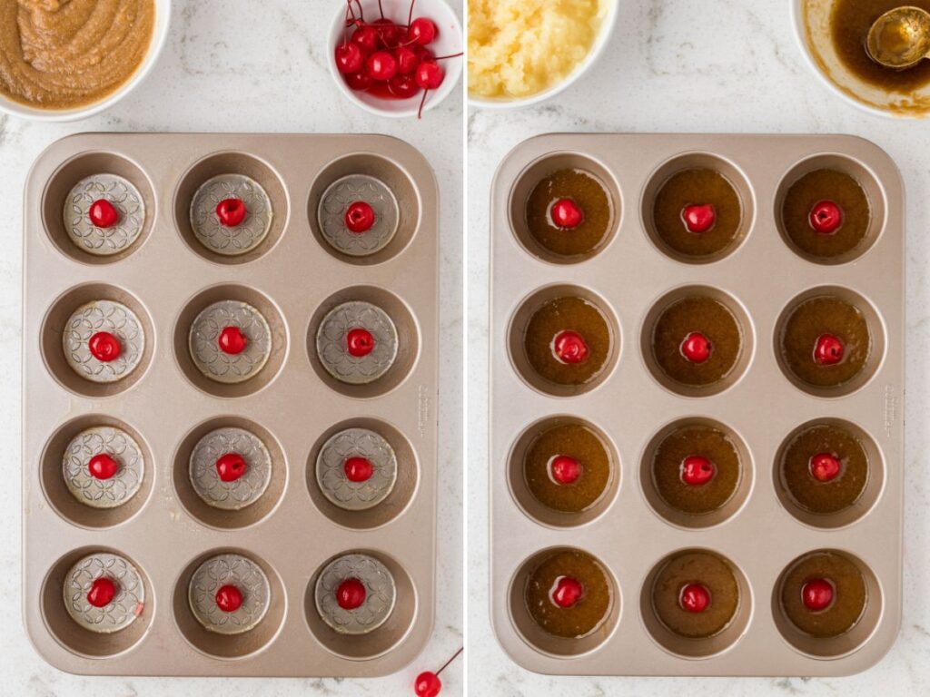 Process images for how to make mini cakes (pineapple upside down cupcakes)