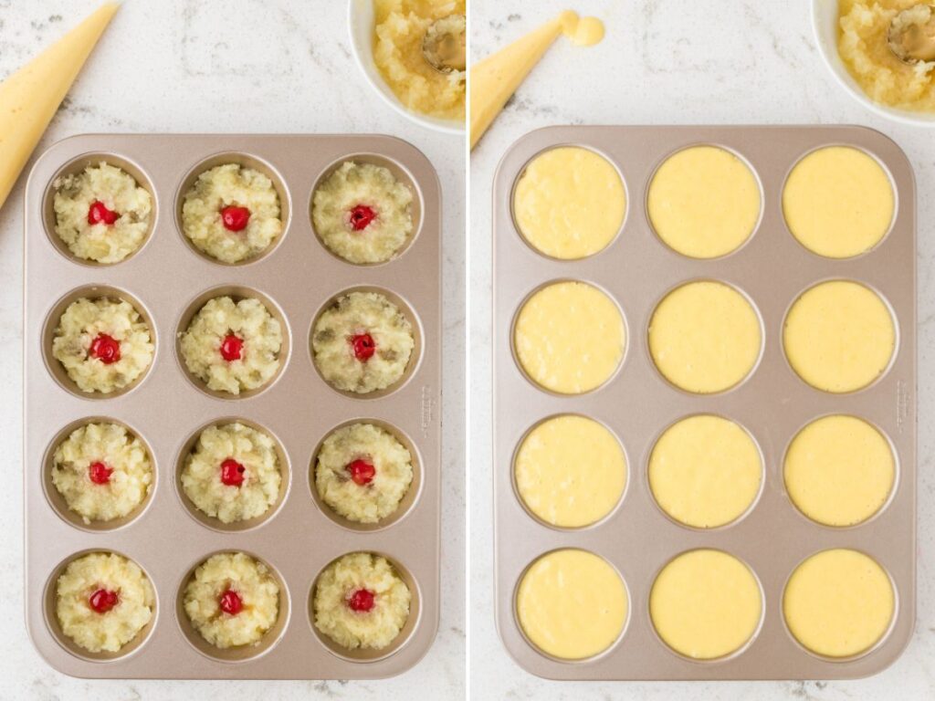 Process images for how to make mini cakes (pineapple upside down cupcakes)