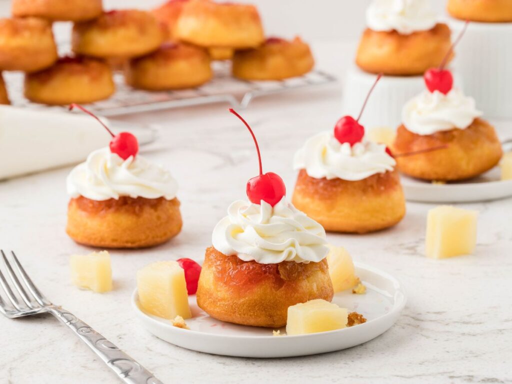 Process images for how to make mini cakes (pineapple upside down cupcakes)