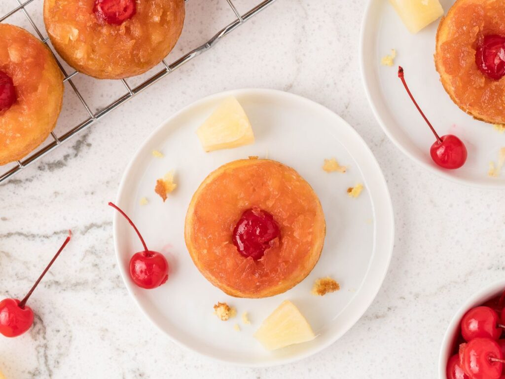 Process images for how to make mini cakes (pineapple upside down cupcakes)