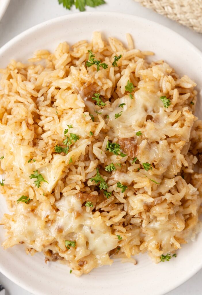 hero image of oven baked rice with French onion soup