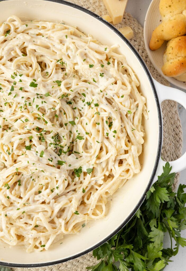 Cream cheese pasta inside a skillet pan