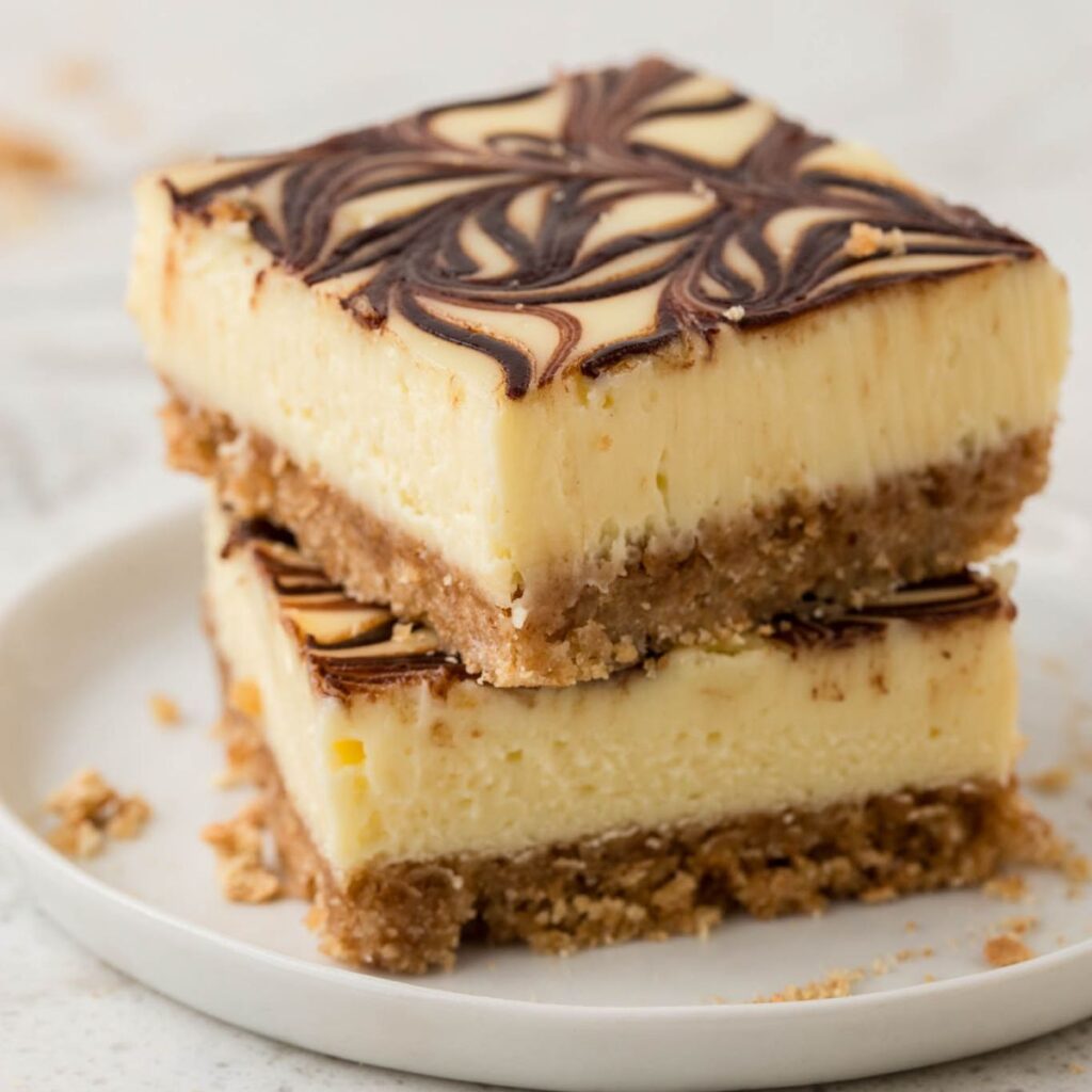 square photo of a cheesecake pieces with Nutella swirls
