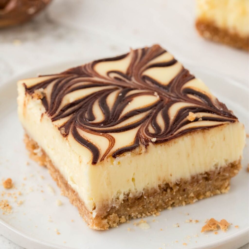 square photo of a cheesecake pieces with Nutella swirls