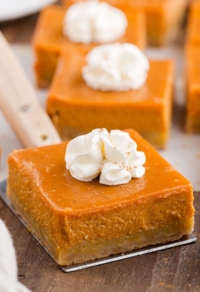 A pumpkin pie bar on a spatula with whipped cream on top