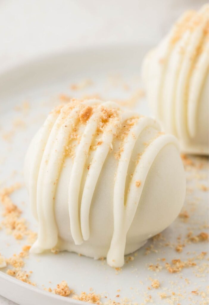 A white chocolate truffle with graham cracker crumbs on a white plate