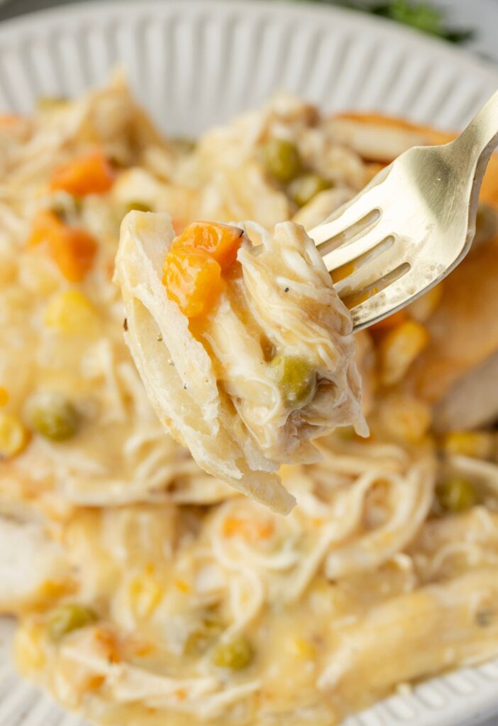 a forkful of chicken pot pie
