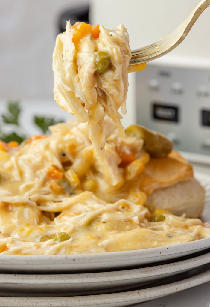 a forkful of chicken pot pie