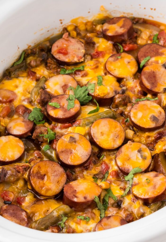 Inside of the slow cooker with the cowboy casserole 