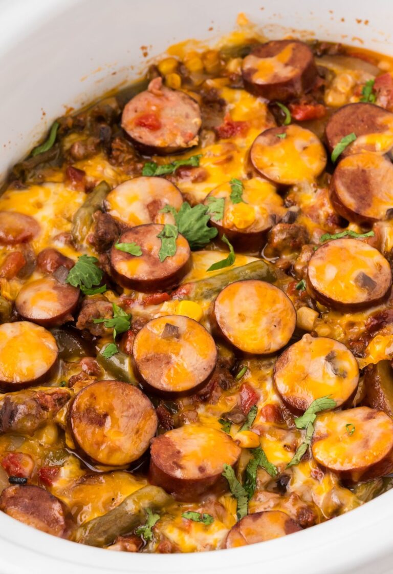 Inside of the slow cooker with the cowboy casserole