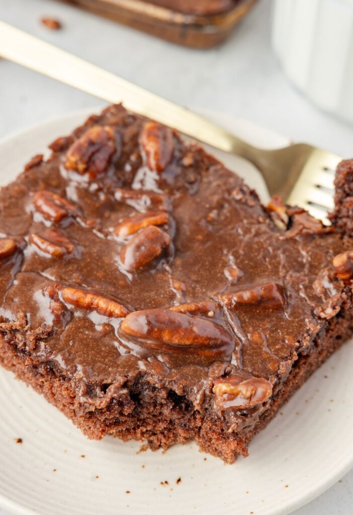 A slice of chocolate cake with a fork