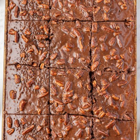 Overhead pic of the Texas sheet cake in a sheet pan.