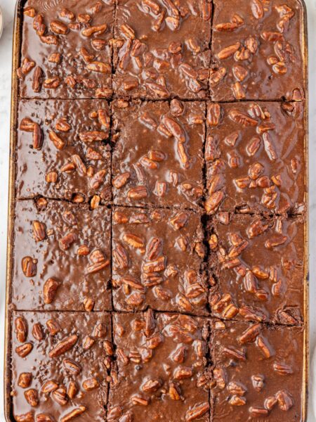 Overhead pic of the Texas sheet cake in a sheet pan.