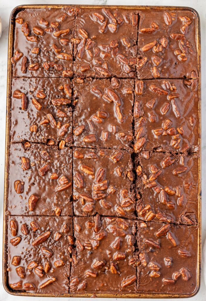 Overhead pic of the Texas sheet cake in a sheet pan. 