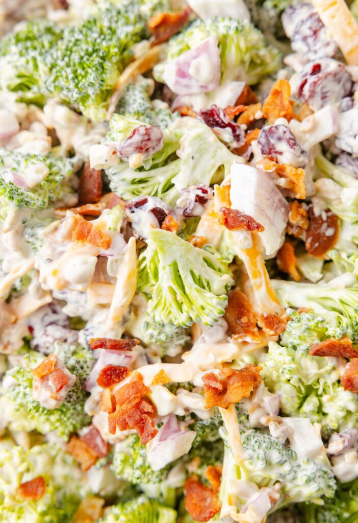 Close up of the broccoli florets in the amish broccoli salad. 