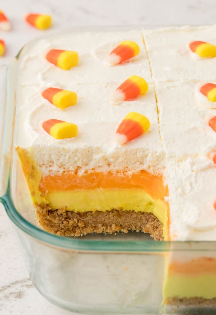 Side view of the glass pan with the lush dessert layered in it. 