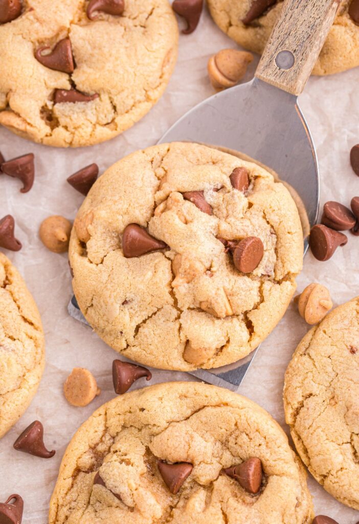 Close up of the top of the baked cookie sitting on top of a cookie spatula. 