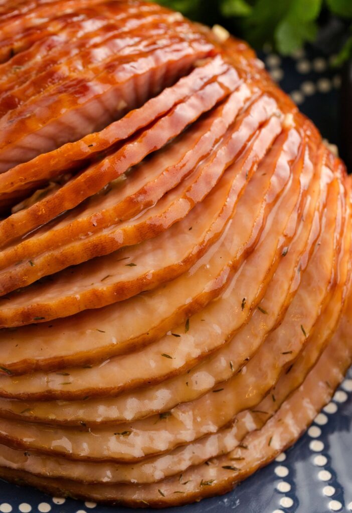 The baked ham with a sweet Coca Cola glaze on it. 