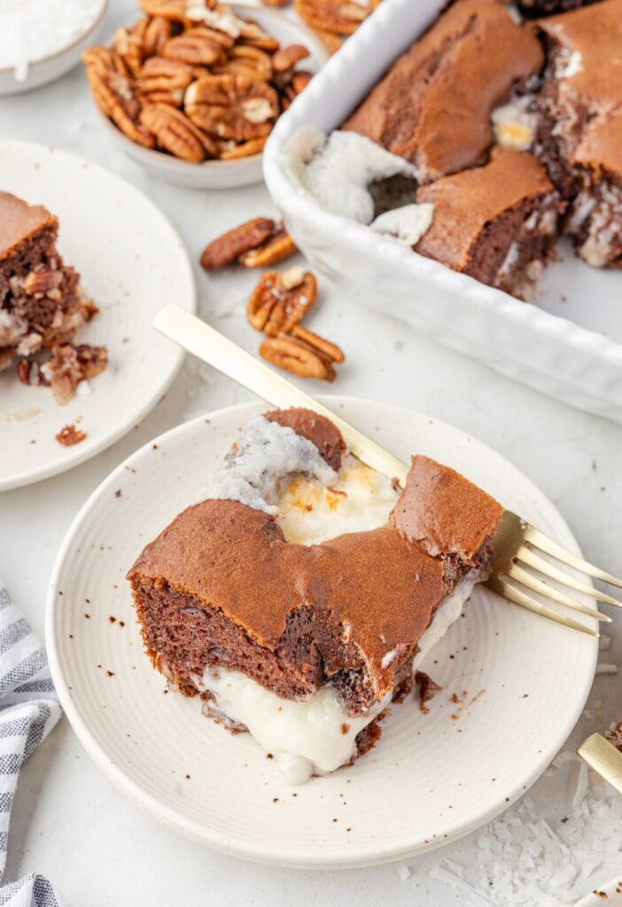 A slice of cake with the pan of it behind it