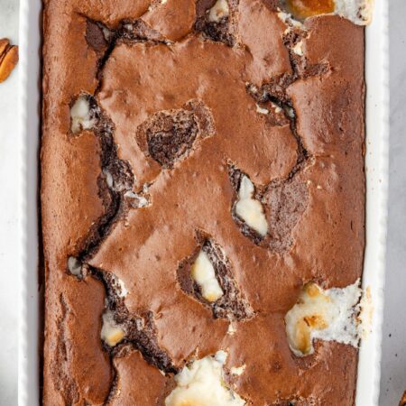 Top view of the earthquake cake inside a white cake pan.