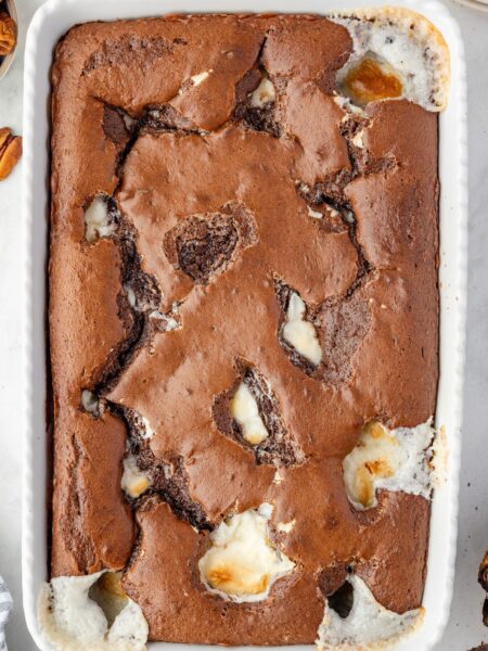 Top view of the earthquake cake inside a white cake pan.