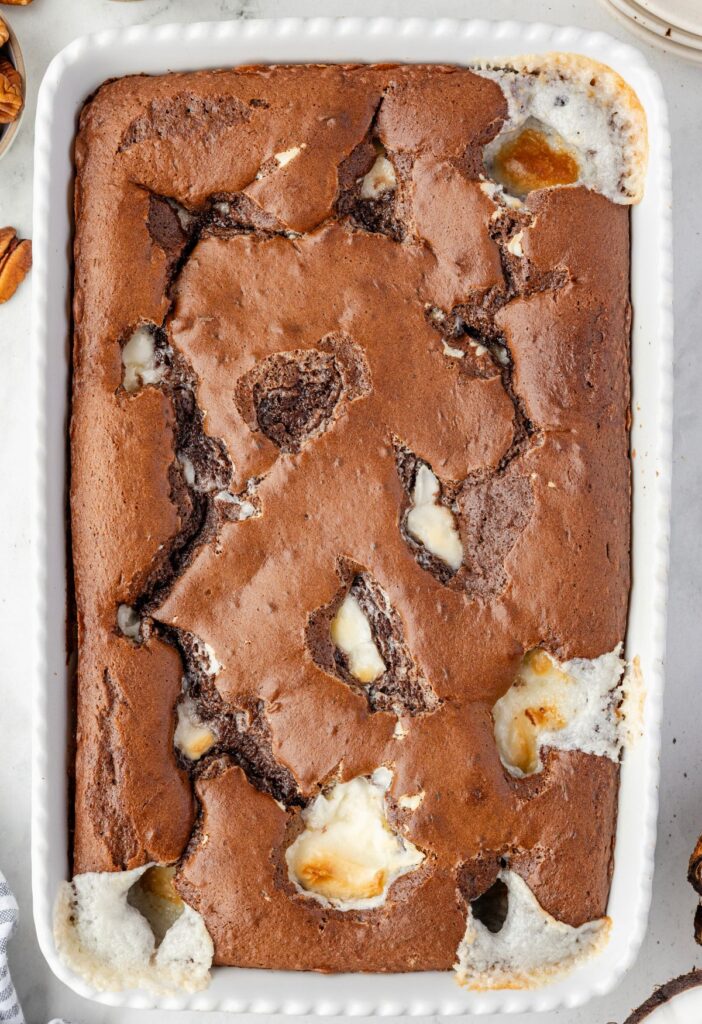 Top view of the earthquake cake inside a white cake pan. 