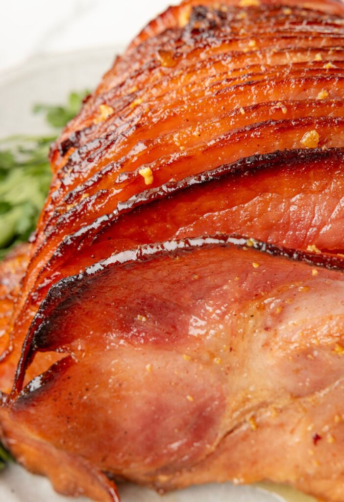 cooked spiral cut ham with honey glaze