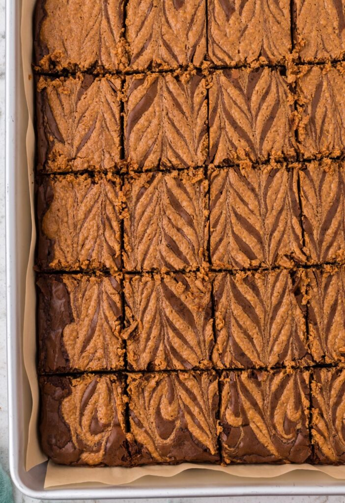 Top view of the baked brownies inside a baking pan. 