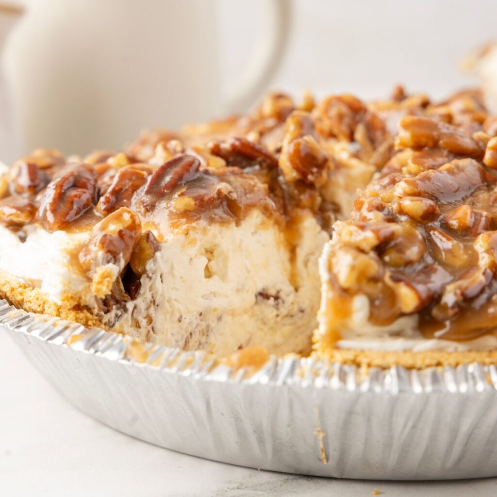 hero shot of the pecan pie cheesecake pie recipe