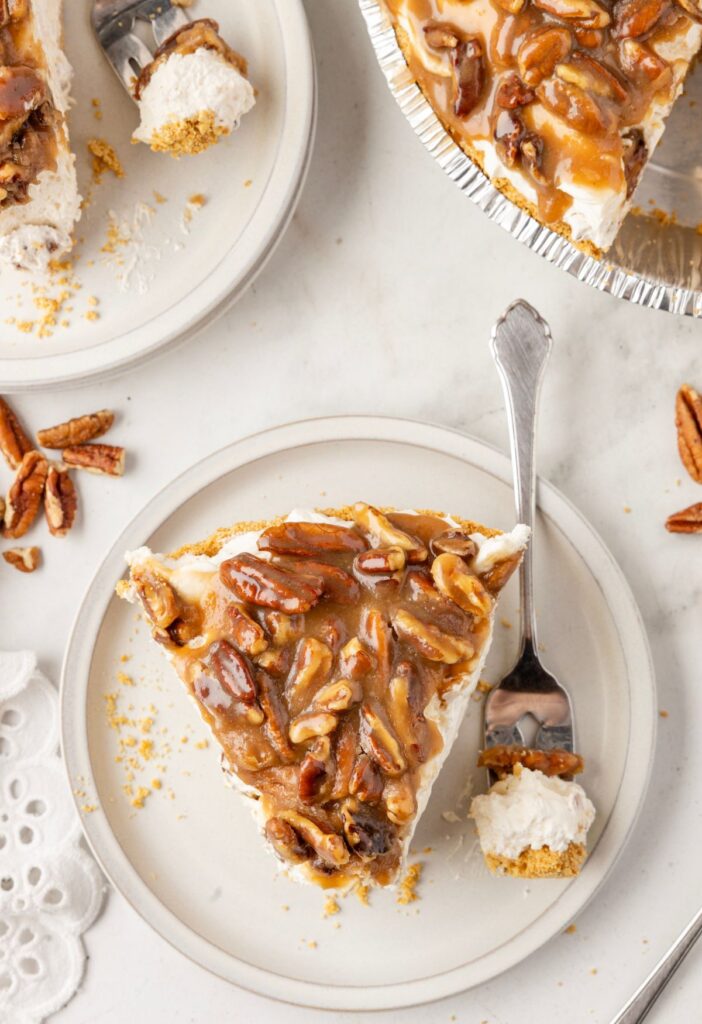 Top view of slice of pie with the pie plate next to it