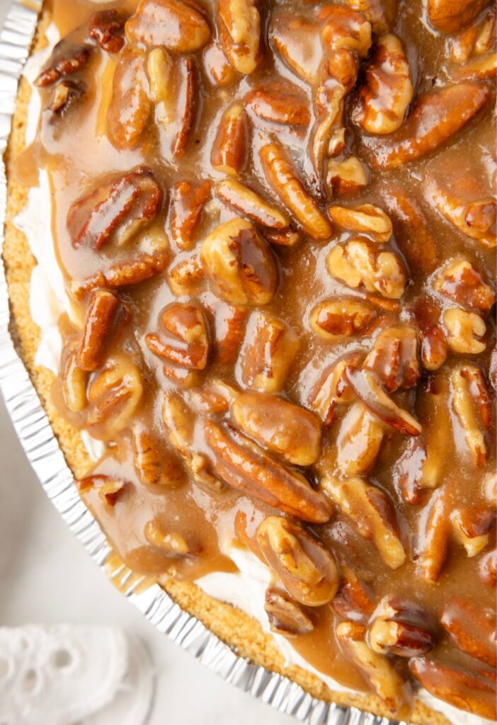 Close up of the gooey pecan pie topping 