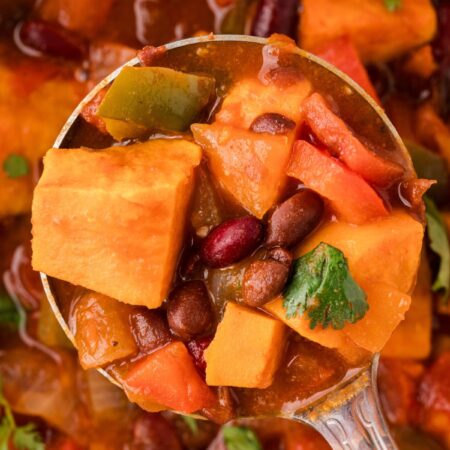 A soup ladle with some chunky chili in it