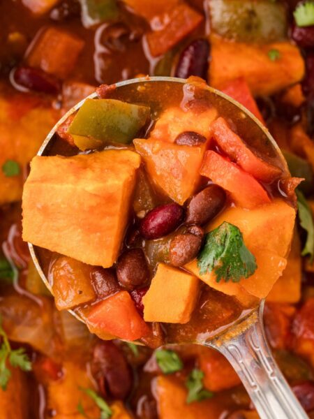 A soup ladle with some chunky chili in it