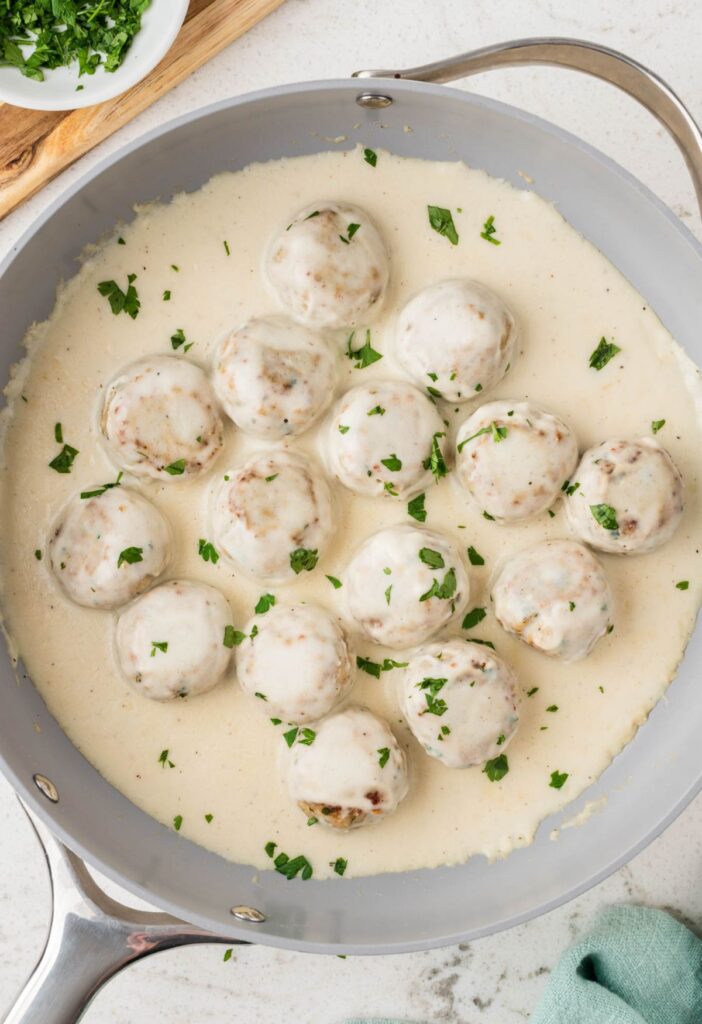 Skillet pan of meatballs